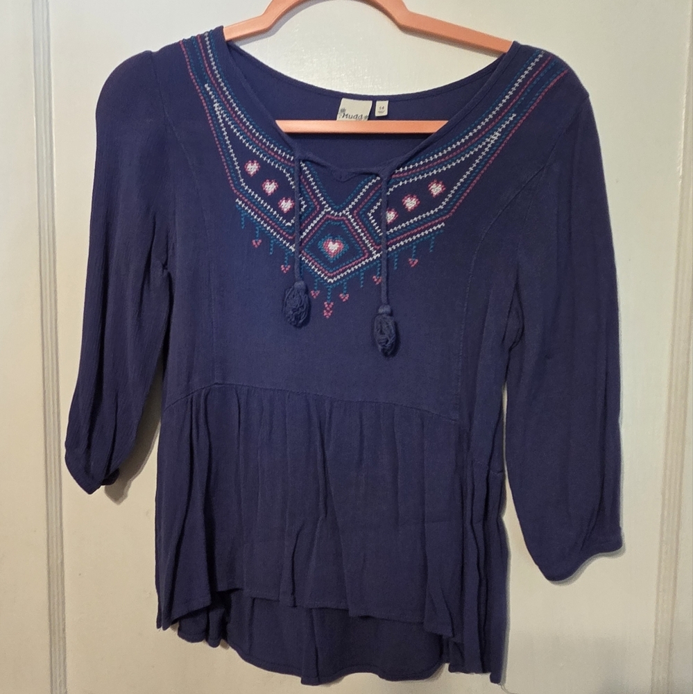 Mudd Navy Blouse with Colorful Embroidery